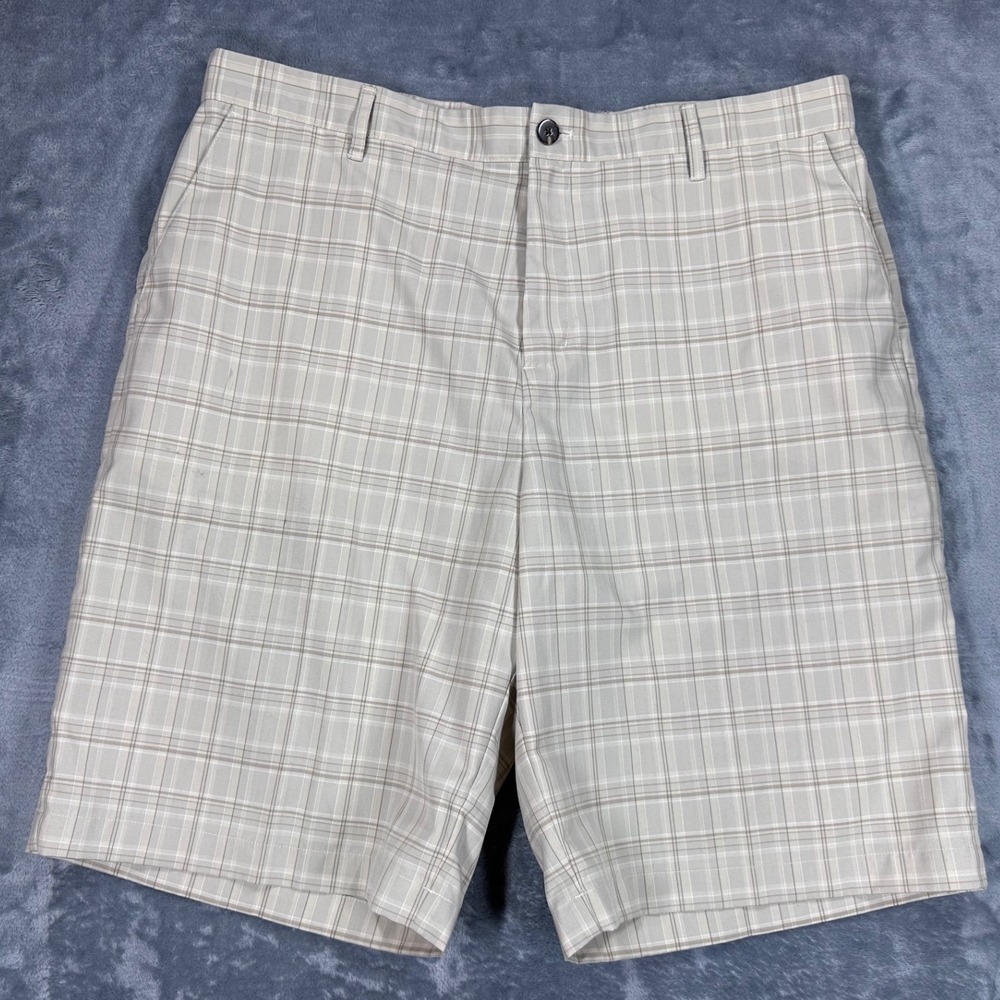 Adidas Golf Shorts Mens 38 Tan Beige Plaid Flat Front‎ Stretch Performance